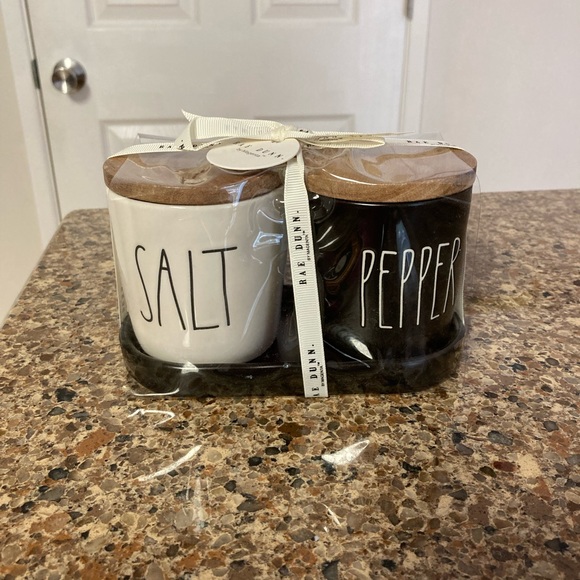 Rae Dunn Dining New Rae Dunn Salt And Pepper Ceramic Canisters With Wood Lids On A Black